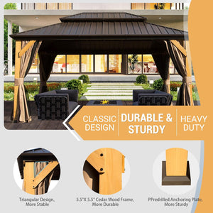 English Elm 12X16Ft Cedar Wood Gazebo - Durable Hardtop With Double Steel Roof, Curtains & Netting For Outdoor Bliss W1859S00064