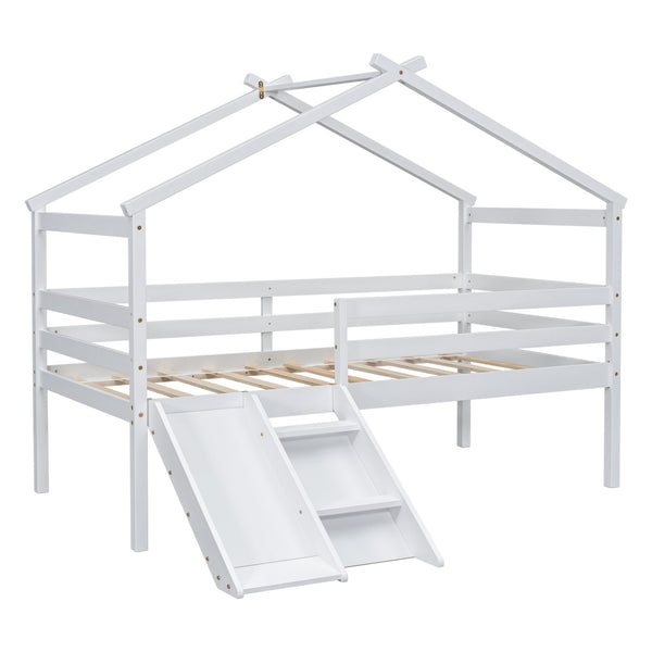 English Elm Twin Low Loft House Bed with Slide Ladder and Guardrails — Playful Kids Loft with Roof Frame, Sturdy Pine Build and Safe Design White W504P145316