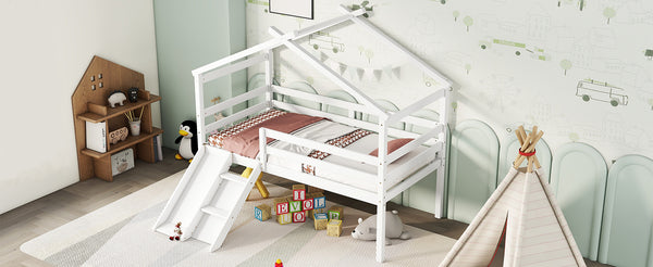 English Elm Twin Low Loft House Bed with Slide Ladder and Guardrails — Playful Kids Loft with Roof Frame, Sturdy Pine Build and Safe Design White W504P145316