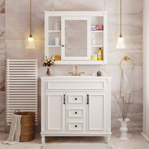 English Elm 36'' Bathroom Vanity with Sink and Mirror Cabinet, Modern MDF & Solid Wood Design, Ceramic Top, Soft-Close Doors White SW000115AAK-1