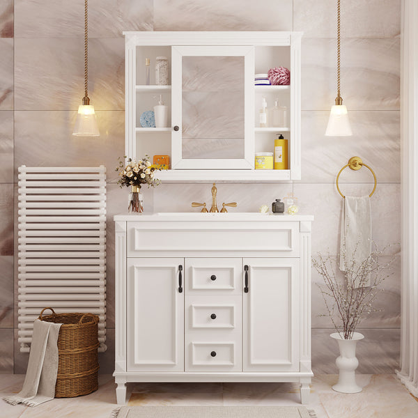 English Elm 36'' Bathroom Vanity with Sink and Mirror Cabinet, Modern MDF & Solid Wood Design, Ceramic Top, Soft-Close Doors White SW000115AAK-1