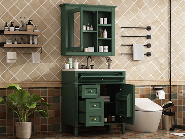 English Elm 30'' Modern Bathroom Vanity with Integrated Mirror Cabinet, Ceramic Sink, 3 Drawers & Ample Storage Green SW000126AAF-1