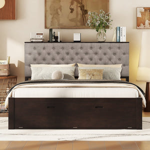 English Elm Wood Queen Size Platform Bed with Storage Headboard, 4 Drawers and Shoe Rack, Sturdy Timber Design Espresso GX000379AAD