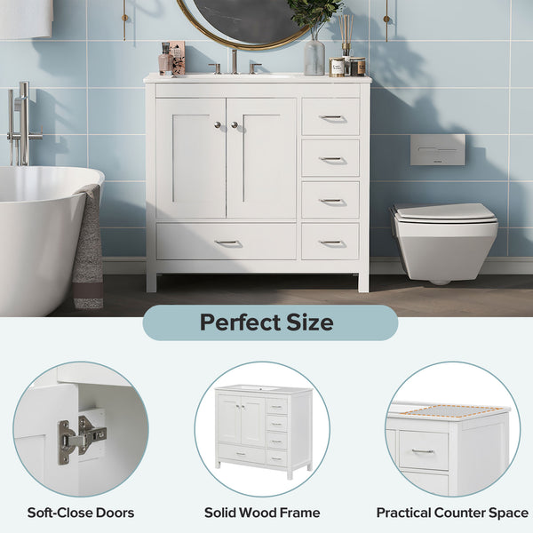 English Elm 36" White Bathroom Vanity with Ceramic Sink, 2 Soft-Close Doors & 5 Drawers, Modern Storage Chic WF319798AAK