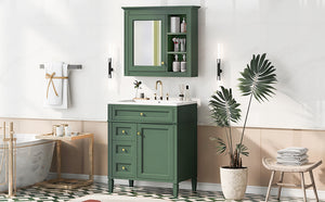English Elm 30'' Modern Bathroom Vanity with Integrated Mirror Cabinet, Ceramic Sink, 3 Drawers & Ample Storage Green SW000126AAF-1