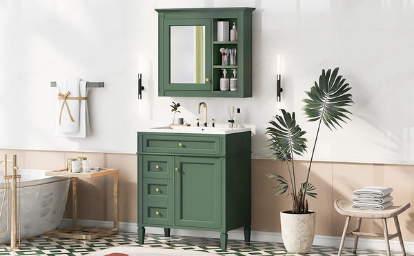 English Elm 30'' Modern Bathroom Vanity with Integrated Mirror Cabinet, Ceramic Sink, 3 Drawers & Ample Storage Green SW000126AAF-1