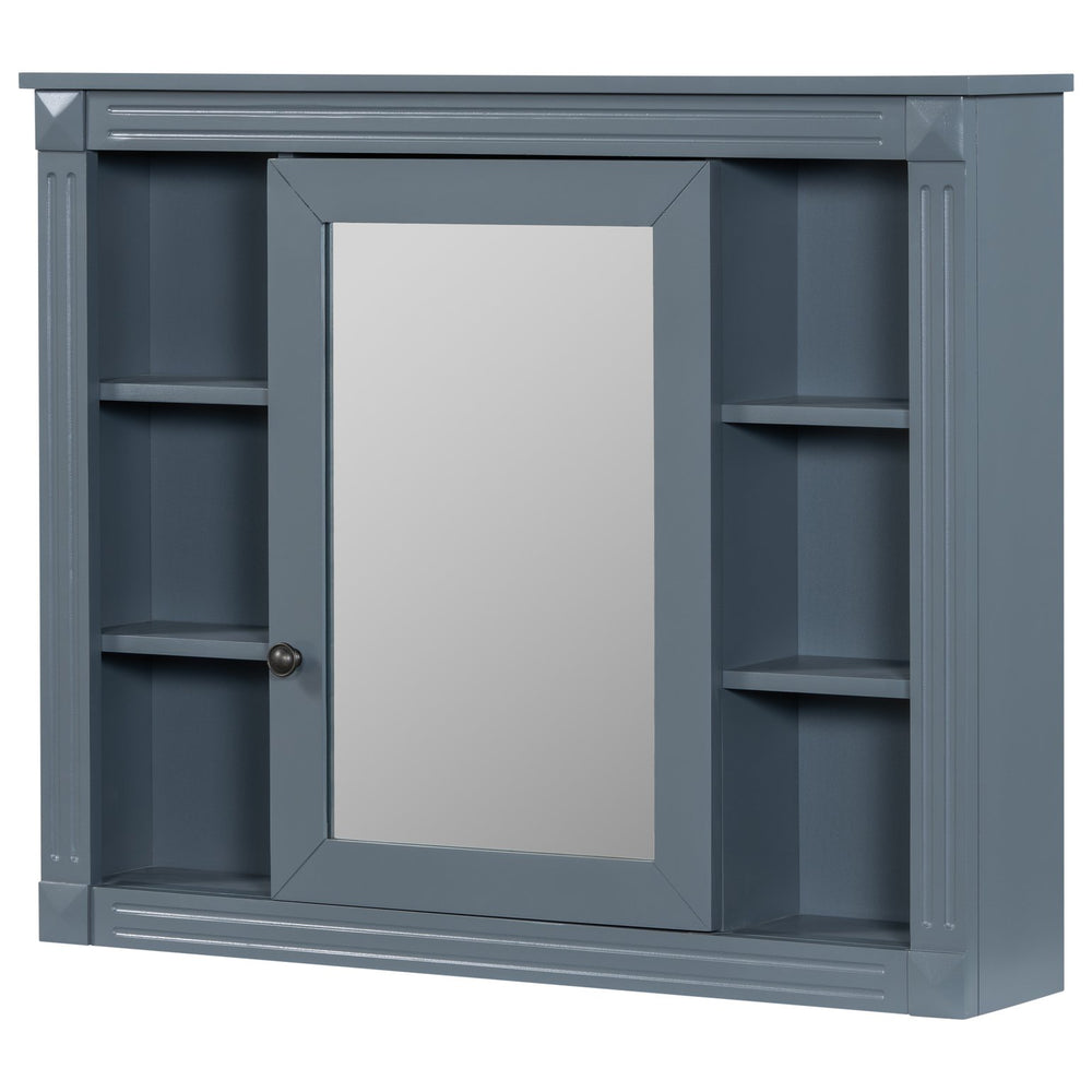 English Elm 35'' Modern Medicine Cabinet with Mirror and Towel Rod, MDF Wall-Mounted Bathroom Storage with Adjustable Shelves and Soft-Close Hinges Blue WF305081AAC