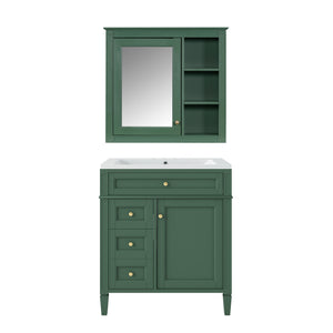 English Elm 30'' Modern Bathroom Vanity with Integrated Mirror Cabinet, Ceramic Sink, 3 Drawers & Ample Storage Green SW000126AAF-1
