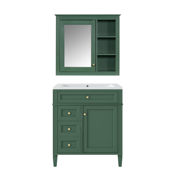 English Elm 30'' Modern Bathroom Vanity with Integrated Mirror Cabinet, Ceramic Sink, 3 Drawers & Ample Storage Green SW000126AAF-1