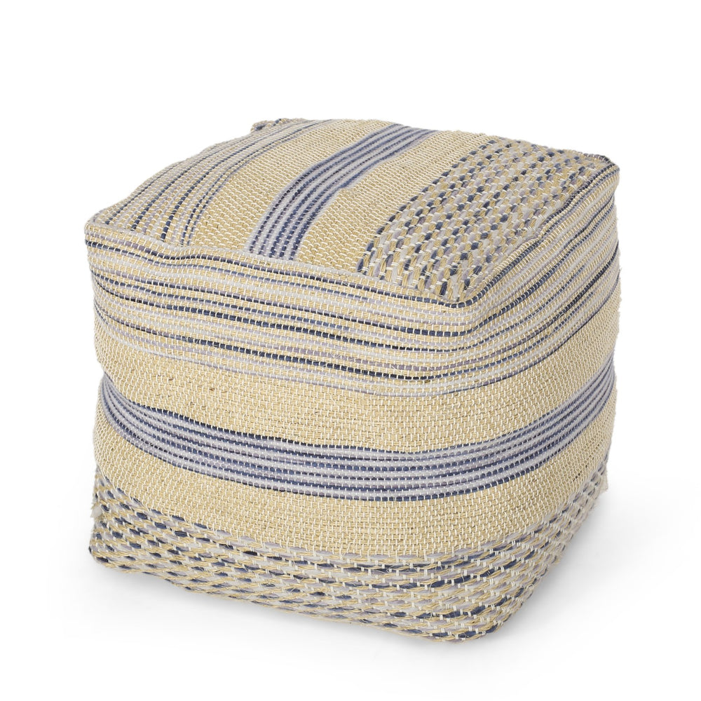 English Elm Western Handcrafted Durable Wool Hemp Pouf in Natural & Blue - 20" Square, 200 lb Capacity, Filled B181P162844