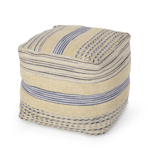 English Elm Western Handcrafted Durable Wool Hemp Pouf in Natural & Blue - 20" Square, 200 lb Capacity, Filled B181P162844
