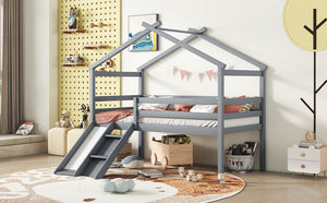 English Elm Twin Low Loft House Bed with Slide Ladder and Guardrails — Playful Kids Loft with Roof Frame, Sturdy Pine Build and Safe Design Grey W504P145315