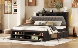 English Elm Wood Queen Size Platform Bed with Storage Headboard, 4 Drawers and Shoe Rack, Sturdy Timber Design Espresso GX000379AAD