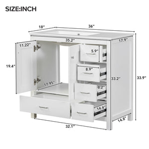 English Elm 36" White Bathroom Vanity with Ceramic Sink, 2 Soft-Close Doors & 5 Drawers, Modern Storage Chic WF319798AAK