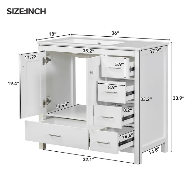 English Elm 36" White Bathroom Vanity with Ceramic Sink, 2 Soft-Close Doors & 5 Drawers, Modern Storage Chic WF319798AAK
