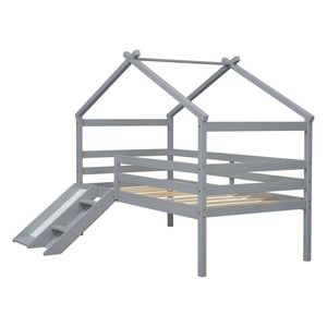 English Elm Twin Low Loft House Bed with Slide Ladder and Guardrails — Playful Kids Loft with Roof Frame, Sturdy Pine Build and Safe Design Grey W504P145315