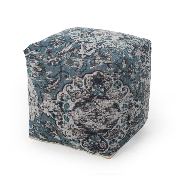English Elm Anita Blue Square Pouf Ottoman - Plush Fabric Floor Cushion 16"x16"x16" Decorative Seat, 200lb B181P162880