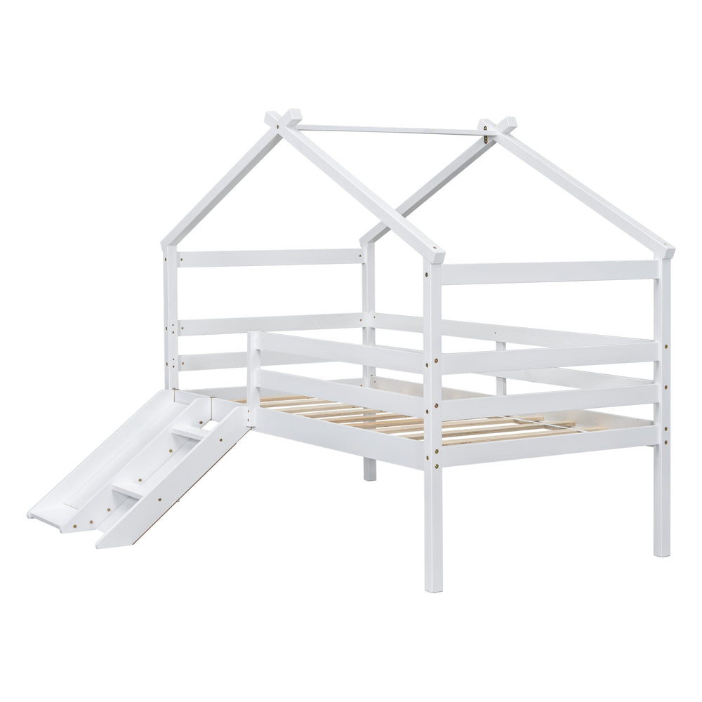 English Elm Twin Low Loft House Bed with Slide Ladder and Guardrails — Playful Kids Loft with Roof Frame, Sturdy Pine Build and Safe Design White W504P145316