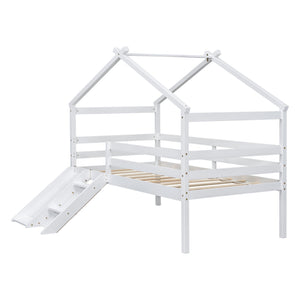 English Elm Twin Low Loft House Bed with Slide Ladder and Guardrails — Playful Kids Loft with Roof Frame, Sturdy Pine Build and Safe Design White W504P145316