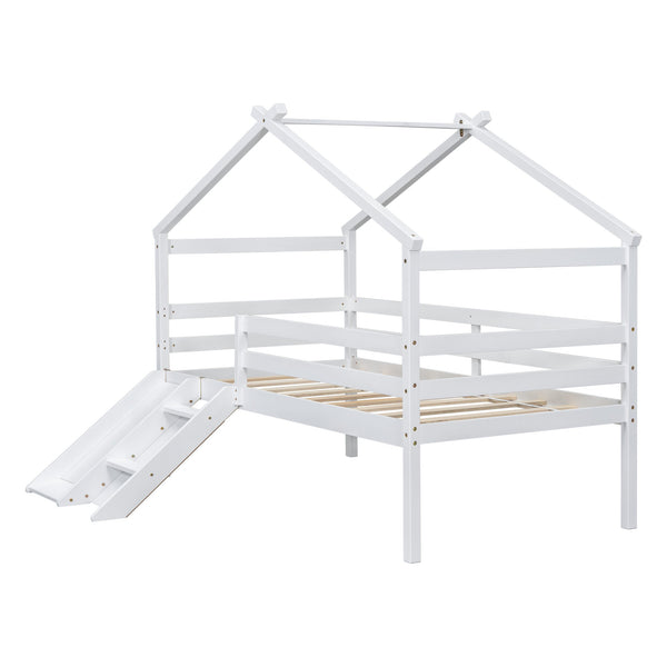 English Elm Twin Low Loft House Bed with Slide Ladder and Guardrails — Playful Kids Loft with Roof Frame, Sturdy Pine Build and Safe Design White W504P145316