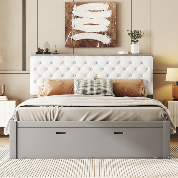 English Elm Wood Queen Size Platform Bed with Storage Headboard, 4 Drawers and Shoe Rack, Sturdy Timber Design Gray GX000379AAE