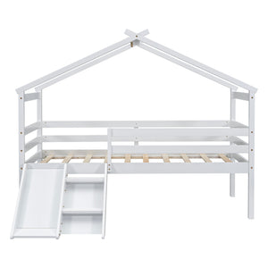 English Elm Twin Low Loft House Bed with Slide Ladder and Guardrails — Playful Kids Loft with Roof Frame, Sturdy Pine Build and Safe Design White W504P145316