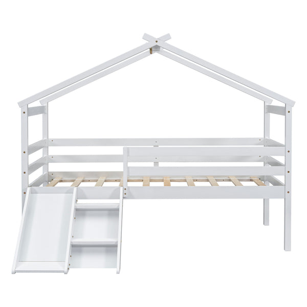 English Elm Twin Low Loft House Bed with Slide Ladder and Guardrails — Playful Kids Loft with Roof Frame, Sturdy Pine Build and Safe Design White W504P145316