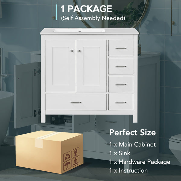 English Elm 36" White Bathroom Vanity with Ceramic Sink, 2 Soft-Close Doors & 5 Drawers, Modern Storage Chic WF319798AAK