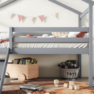 English Elm Twin Low Loft House Bed with Slide Ladder and Guardrails — Playful Kids Loft with Roof Frame, Sturdy Pine Build and Safe Design Grey W504P145315