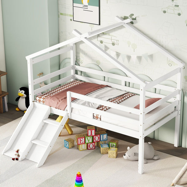 English Elm Twin Low Loft House Bed with Slide Ladder and Guardrails — Playful Kids Loft with Roof Frame, Sturdy Pine Build and Safe Design White W504P145316