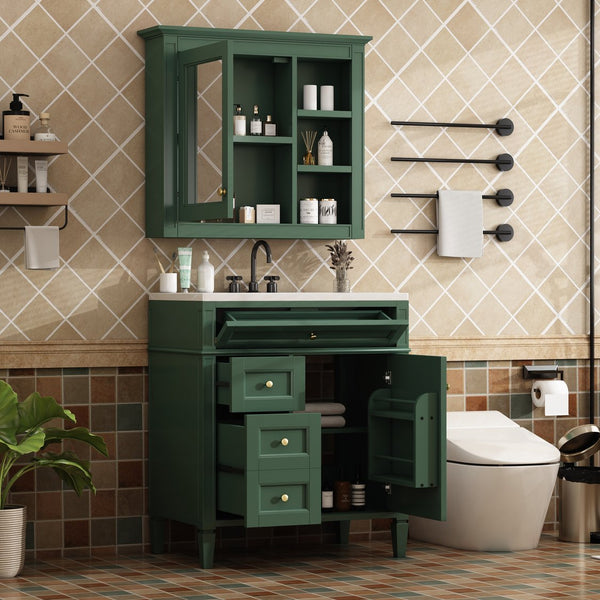 English Elm 30'' Modern Bathroom Vanity with Integrated Mirror Cabinet, Ceramic Sink, 3 Drawers & Ample Storage Green SW000126AAF-1