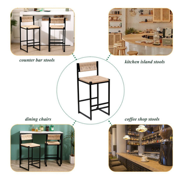 English Elm Gray Hand Woven Paper Rope Counter Stools Set of 2 with Ergonomic Back for Kitchen W1757138691