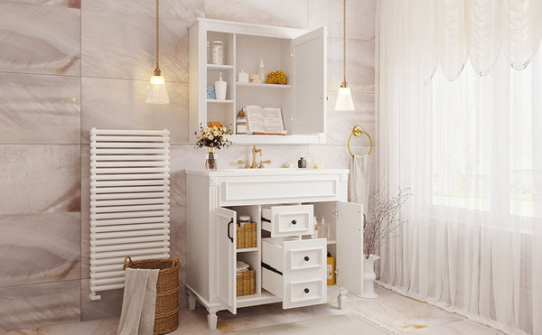 English Elm 36'' Bathroom Vanity with Sink and Mirror Cabinet, Modern MDF & Solid Wood Design, Ceramic Top, Soft-Close Doors White SW000115AAK-1