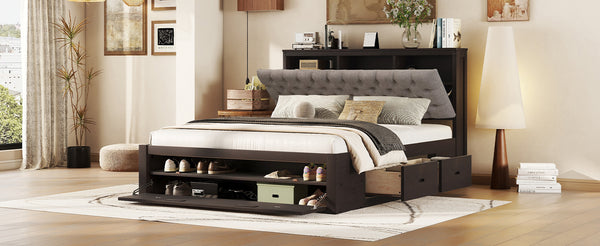 English Elm Wood Queen Size Platform Bed with Storage Headboard, 4 Drawers and Shoe Rack, Sturdy Timber Design Espresso GX000379AAD