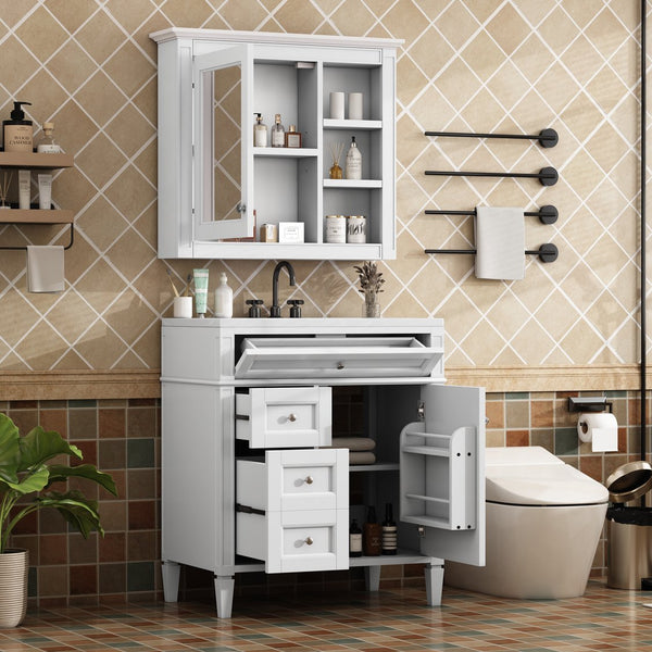 English Elm 30'' Modern Bathroom Vanity with Integrated Mirror Cabinet, Ceramic Sink, 3 Drawers & Ample Storage White SW000126AAK-1