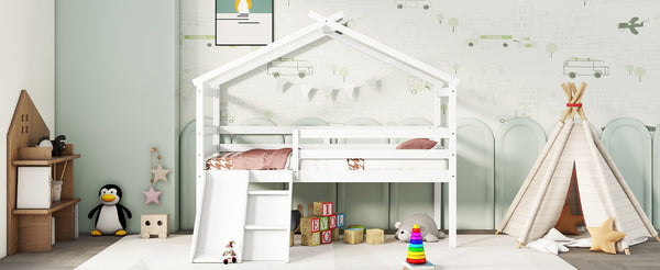 English Elm Twin Low Loft House Bed with Slide Ladder and Guardrails — Playful Kids Loft with Roof Frame, Sturdy Pine Build and Safe Design White W504P145316