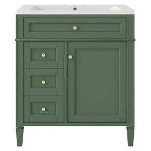 English Elm 30'' Modern Bathroom Vanity with Integrated Mirror Cabinet, Ceramic Sink, 3 Drawers & Ample Storage Green SW000126AAF-1