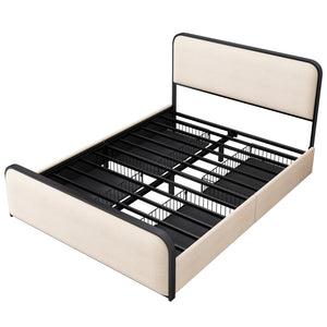 English Elm Modern Metal Bed Frame with Upholstered Curved Headboard, Underbed Storage, Heavy-Duty Slats, Queen Beige 63.75 L x 21.75 W x 8 H N701P229016B