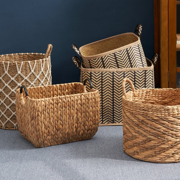English Elm Round Water Hyacinth Seagrass Woven Basket with Handles — Stylish 15" Storage Bin for Towels, Toys, Magazines and Home Decor Natural & Light Brown B093P169706