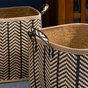English Elm Square Palm Leaf Woven Wicker Storage Baskets Set of 2 with Handles – Stylish Arrow-Weave Organizers for Home B093P169711