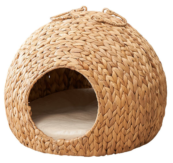 English Elm Gertrude Water Hyacinth Woven Wicker Cat Bed Cave with Handles, Sustainable Cozy Round Nest 18" B093P169697