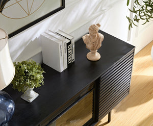 English Elm W9986b Black Oak Media Cabinet with Embedded Electric Fireplace and Adjustable Storage W2085S00001