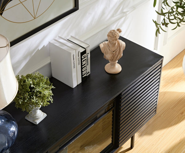 English Elm W9986b Black Oak Media Cabinet with Embedded Electric Fireplace and Adjustable Storage W2085S00001