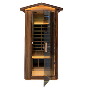 English Elm Red Cedar Hemlock Barrel Outdoor Sauna with Far-infrared Panels and Tempered Glass W1787P145416