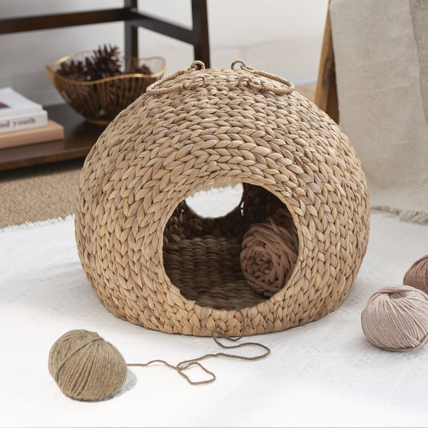 English Elm Gertrude Water Hyacinth Woven Wicker Cat Bed Cave with Handles, Sustainable Cozy Round Nest 18" B093P169697