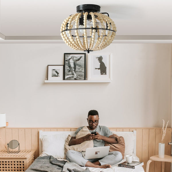 English Elm Beaded Wood Chandelier Fan Semi Flush Mount Bohemian Rustic Light for Small Rooms W1340P209773