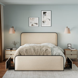 English Elm Modern Metal Bed Frame with Upholstered Curved Headboard, Underbed Storage, Heavy-Duty Slats, Queen Beige 63.75 L x 21.75 W x 8 H N701P229016B