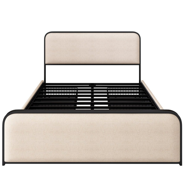 English Elm Modern Metal Bed Frame with Upholstered Curved Headboard, Underbed Storage, Heavy-Duty Slats, Queen Beige 63.75 L x 21.75 W x 8 H N701P229016B