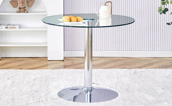 English Elm A Modern 35-Inch Tempered Glass Round Dining Table with Sleek Metal Legs, Minimalist Style for 4-6 }{@ Silver,Transparent W1151P263756