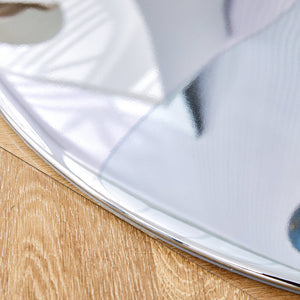 English Elm A Modern 35-Inch Tempered Glass Round Dining Table with Sleek Metal Legs, Minimalist Style for 4-6 }{@ Silver,Transparent W1151P263756